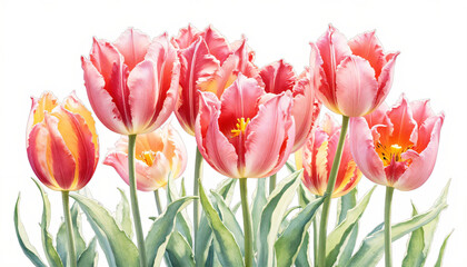 Fototapeta premium a watercolor painting of pink tulips with green leaves