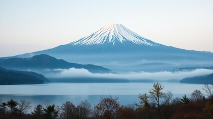 Fototapeta premium Mountain Fuji with morning fog at Lake Kawaguchiko, mount fuji, rural Japan