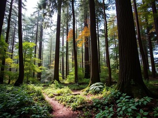 Obraz premium Lush forest floor with tall trees and vibrant foliage, scenery, plants, foliage