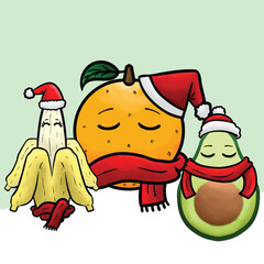 bananas, avocados, oranges in winter costumes