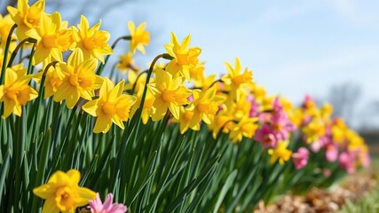 Fototapeta premium A colorful patch of freshly picked daffodils swaying gently in the spring breeze, nature, bloom