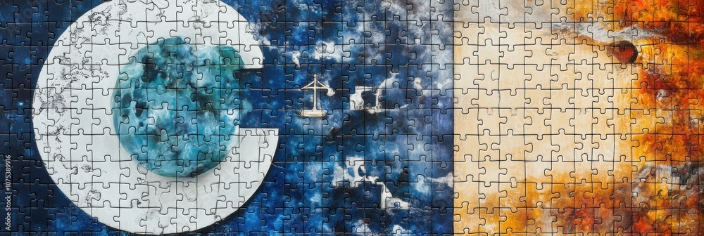 Aufkleber this puzzle features one side filled with technological symbols, while the other side depicts images