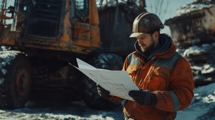 A construction worker examines blueprints on a snowy site with heavy machinery in the background.