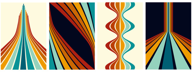 Abstract colorful 70s background vector. Vintage retro wallpaper with rainbow stripes and wavy lines. A 1970 color illustration suitable for posters, banners, decorative items and wall art.