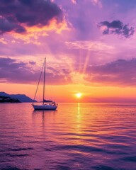 Fototapeta premium A Serene Sunset Sailing Experience: Relaxing Views Over Tranquil Waters
