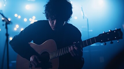 Obraz premium A musician plays an acoustic guitar on stage, surrounded by soft lighting and an atmospheric setting.