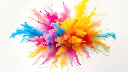 Vibrant colours exploding in mid-air, forming a mesmerizing cloud of powder suspended against a crisp white background, art, colourful