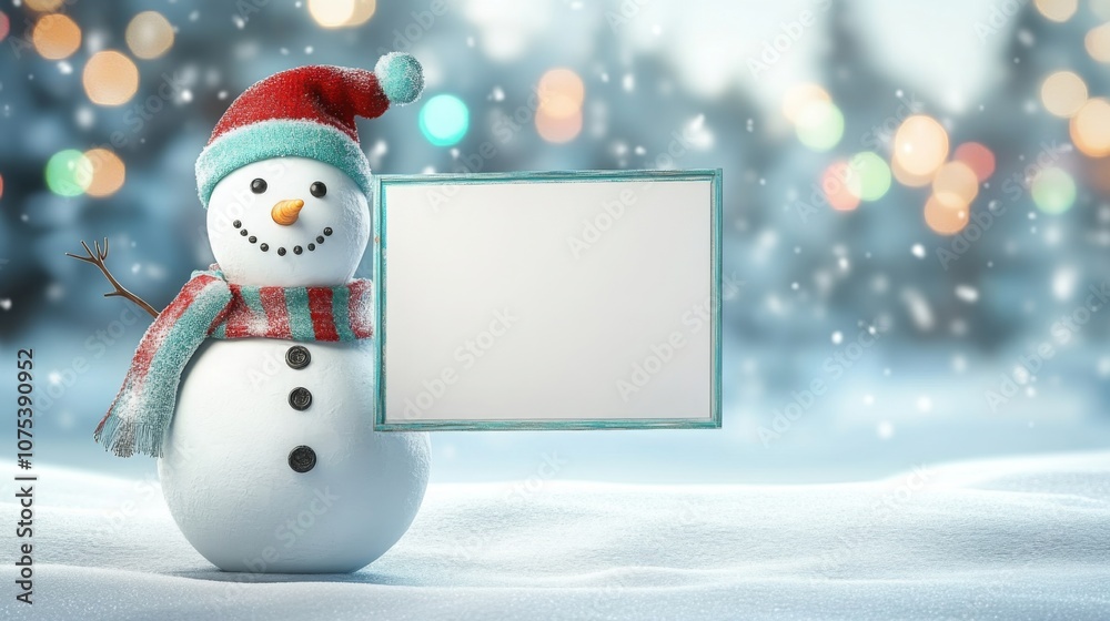 Poster a joyful snowman stands in a snowy landscape, donning a red and teal hat and scarf. it holds a blank