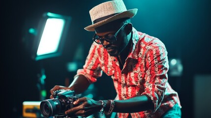 A photographer adjusts his camera in a studio setting, focused on capturing the perfect shot.