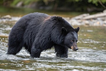 Fototapeta premium A large black bear wades into the river, its eyes scanning the water for fish, its fur fluffed up as it searches for prey, hunting, wildlife, rivers