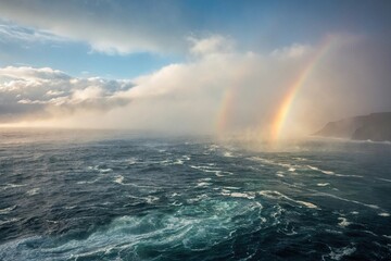 Fototapeta premium A swirling misty ocean of fog and ethereal light, shimmering with colors of the rainbow, soft focus, ocean of fog