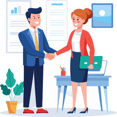 People shaking hands at work - Two businesspeople, man and woman doing handshake in office at work while smiling over business agreement and deal. Flat design stock illustration on white background