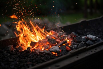 Closeup of burning embers on a black surface, heat, small flame