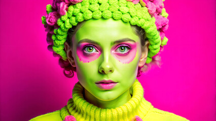 Woman with green and pink absurd makeup against pink background