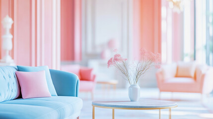 Dreamlike interior of an art deco living room with pastel colors and elegant furniture shapes