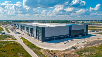 Large warehouse distribution center under sunny sky in industrial area