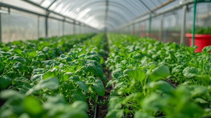 Lush green spinach plants growing in agricultural greenhouse