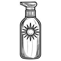 A black and white illustration of a bottle of sunscreen with a sun on the front. Coloring book