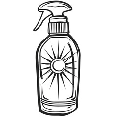 A black and white illustration of a bottle of sunscreen, with a sun icon on the front. This image is perfect for representing summer, heat, and protection from the sun's rays. Coloring book