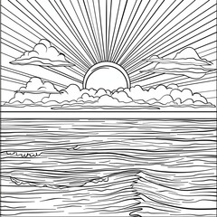 A black and white illustration of a sunrise over the ocean. The sun is peeking over the clouds and is shining its rays over the water. Coloring book