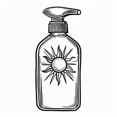 This is a black and white illustration of a sunscreen bottle with a sun design. The bottle has a pump top and the sun is in the center of the bottle. Coloring book