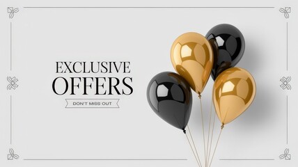 Gold Black Balloon Holiday Promotion Banner Exclusive Offers Text - Modern Marketing Design Christmas, New Year's Eve, Black Friday Sales Events