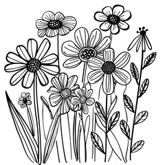 A simple black and white line drawing of several flowers in a garden, likely drawn by hand. The image depicts daisies and other wildflower species. Coloring book
