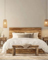 Warm glow from bedside lamps in a cozy loft bedroom with rustic wooden decor