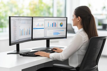 Woman working on computer with dual monitors. Business analysis charts displayed, focus on screen