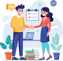 People shaking hands at work - Two businesspeople, man and woman doing handshake in office at work while smiling over business agreement and deal. Flat design stock illustration on white background