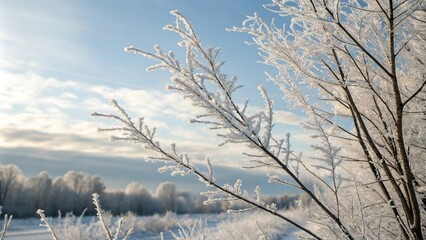 Obraz premium Frosty tree branches glistened in the morning light, as if adorned with a thousand tiny diamonds, frosty textures, winter scene, frozen landscapes, frost and ice