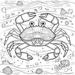 A detailed black and white drawing of a crab on the ocean floor, surrounded by seashells and bubbles. Coloring book