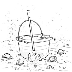 A bucket and shovel are sitting on the sandy beach, surrounded by seashells and waves, waiting for the next child to come and play. Coloring book