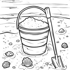 A bucket filled with sand sits on the beach with a shovel beside it, ready for a day of building sandcastles. Coloring book