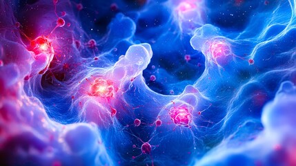 An abstract representation of a microscopic view of neural connections, featuring vibrant blue and pink hues, This image can be used for scientific articles, educational content