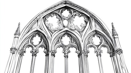 Line art illustration of Gothic architecture featuring a diaper ornament showcasing square shapes with floral and simple figure designs in a vintage drawing style