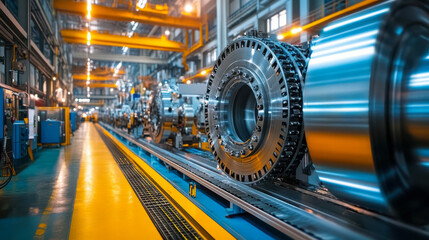Fototapeta premium Modern manufacturing plant assembling large turbine engines on industrial automated production line