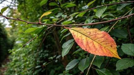 A lone leaf clings to a branch in autumnal hues, set against a lush green backdrop of foliage, tree, autumn leaves