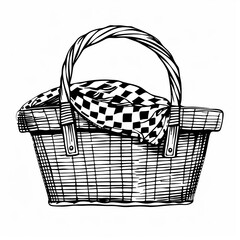 A black and white illustration of a picnic basket with a checkered cloth draped over the handle. Coloring book