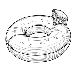 A black and white illustration of a glazed donut with sprinkles, drawn in a vintage style. Coloring book