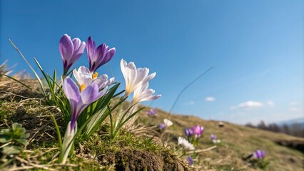 Crocus vernus flowers against a blue sky, first spring flowers, wildflowers in bloom