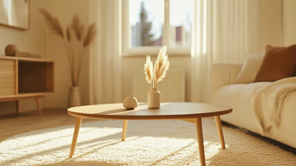 A serene Scandinavian living room with minimalist decor and soft pastel touches in natural light