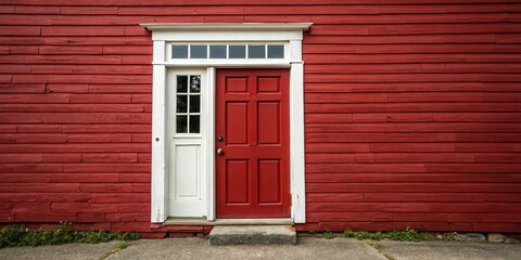 Obraz premium Classic Red Door with White Frame Against Red Wall, creative shot, artistic composition, visual interest, interior photography