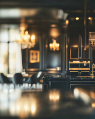 Elegant art deco kitchen with black and gold accents showcased in soft focus and artistic blur