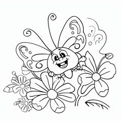 A happy cartoon butterfly sits on a flower in a garden. Coloring book