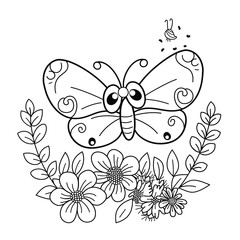 A black and white illustration of a cartoon butterfly with large eyes, perched on a flower with a small bug flying above it. Coloring book