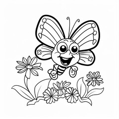 A cartoon butterfly with big eyes and a smile is flying over some flowers. Coloring book