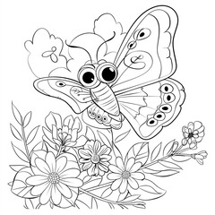 A cartoon butterfly with large eyes rests on a flower in a field of flowers. Coloring book