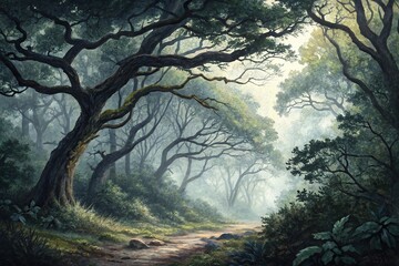 Fototapeta premium Watercolor painting of a dark forest scene with twisted tree branches and foliage, liquid black ink, abstract landscape, mysterious shadows