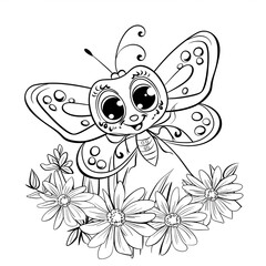 A cute, cartoon butterfly with big eyes and a smile sits amongst some flowers. The butterfly is drawn in a simple line art style. Coloring book